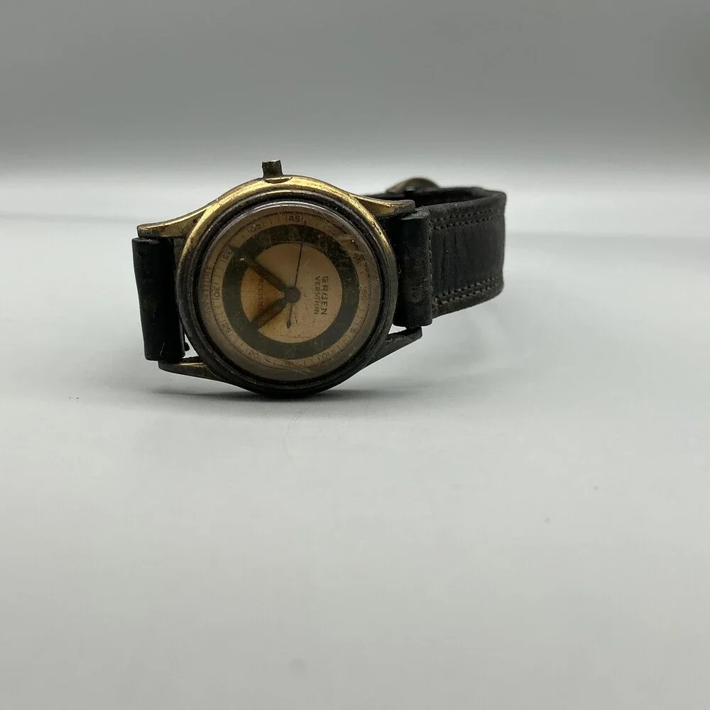 Vintage Gruen Veri-Thin Precision Mens Watch 28mm Gold Black Manual For Parts